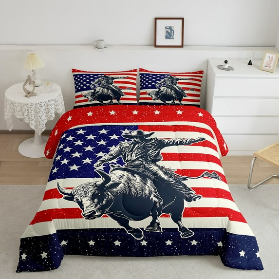 Erosebridal American Flag Comforter Sets Full Size, Western Cowboy Comforters & Duvets, Cow Animal Decor, Reversible