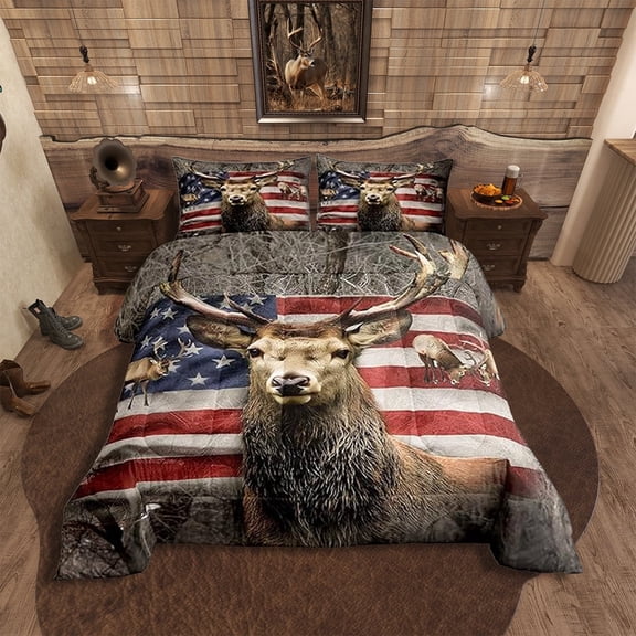Erosebridal American Flag Deer Bedding Comforters, Brown Wildlife Animal and Trees Theme Comforter Set, Red Blue USA Flag Print Natural Quilt Set Teens Present