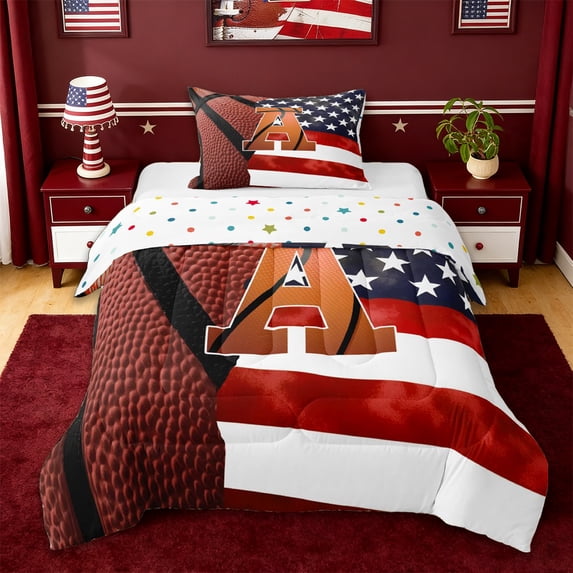 Erosebridal American Flag Print Twin Comforter Sets,Rugby Pattern A Alphabet Bedding Set For Boys Kids,Reversible,2pcs