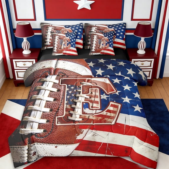 Erosebridal American Flag Printed Letter E 7pcs Bedding Comforter Set,Boys Rugby Sport Queen Bedding Sets For Kids,Reversible black