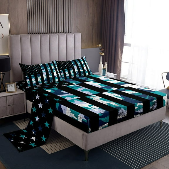 Erosebridal American Flag Twin Sheet Sets, Retro Camouflage Bedding Twin Size, Military Decor 3 Pieces