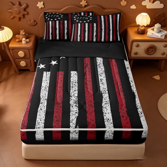 Erosebridal American Flag Zipper Queen Comforter Set with Fitted Sheet and 2 Pillowcases,Vintage Stars Print Zipper Bedding Set For Boys,Black Reversible,4-Piece