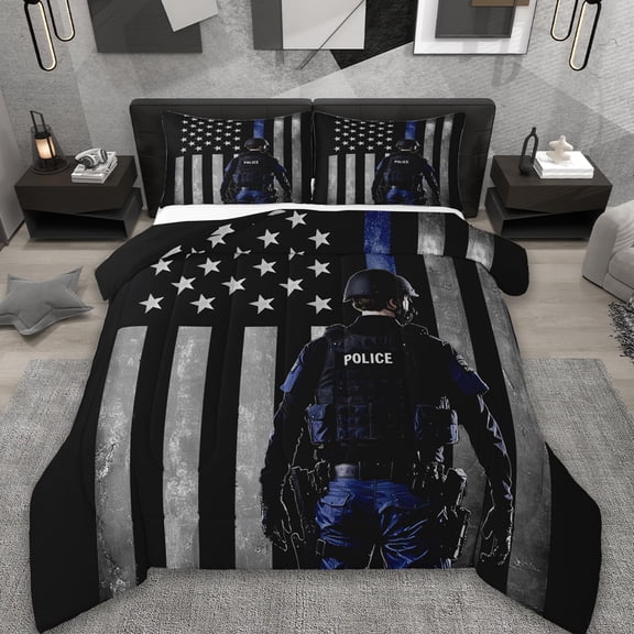 Erosebridal American Flags Bedding Sets Full with Comforter,Police Man Duvet Insert,Gray Black Stripes Comforter Sets Full Size,Microfiber Bedroom Decorative Reversible,3pcs