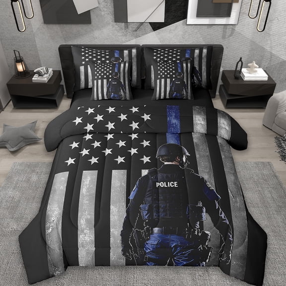 Erosebridal American Flags Bedding Sets Twin Size,Police Man Comforter Sets with Sheets,Gray Black Stripes Bed in a Bag Twin Size,Microfiber Bedroom Decorative Reversible,7-Piece