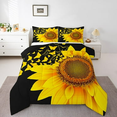 Erosebridal Golden Sunflower Comforter Sets,Floral Butterfly Comforters & Duvets,Ultra Soft Reversible Bedding Comforter Set,Teen Bedroom Decor,2pcs