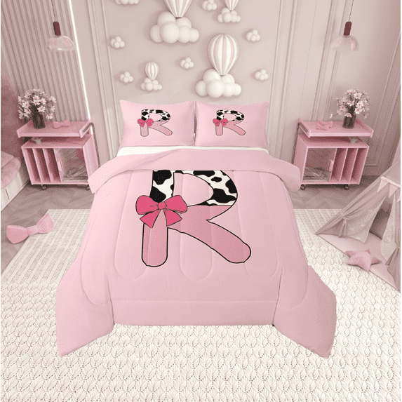 Erosebridal Letter Initial R Bedding Twin Comforter Set,Kawaii Bow Down Comforter,Breathable Reversible Bedding Sets Twin with Comforter,Cow Print Decor,3pcs