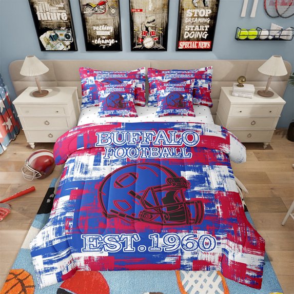 Erosebridal American Football 7 Pieces Comforter Sets Buffalo Bedding Set for All Season Full Size Gifts for Football Fans Football City Bed in a Bag with Comforter