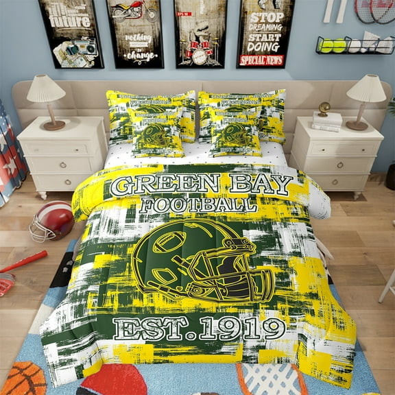 Erosebridal American Football 7 Pieces Comforter Sets Green Bay Bedding Set for All Season Twin Size Gifts for Football Fans Football City Bed in a Bag with Comforter