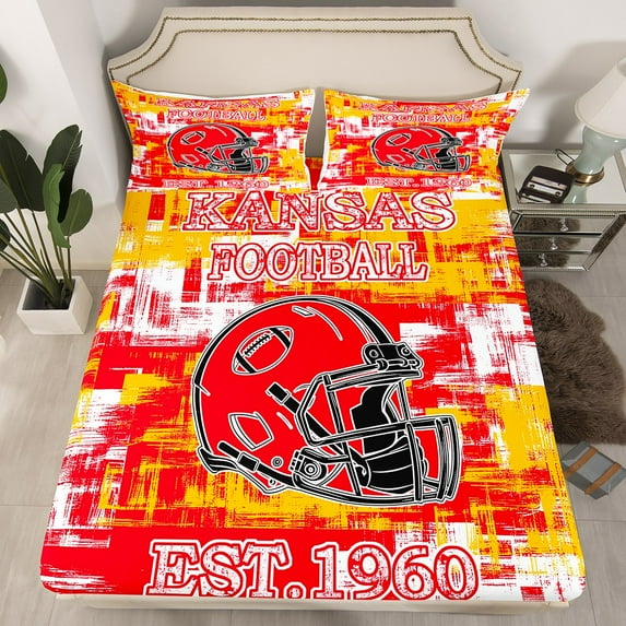 Erosebridal American Football Bed Sheet Set Kansas Fitted Sheet Twin Size Gifts for Football Fans Women Men Football City Bedding Set Rugby Sports Bed Cover Red Yellow Decor(No Top Sheet)