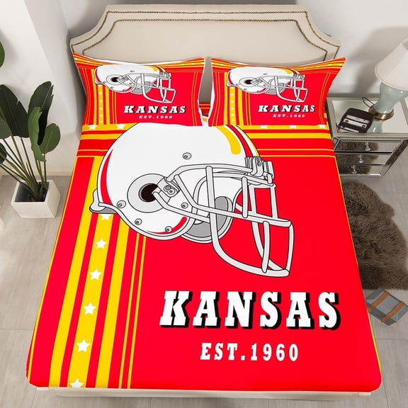 Erosebridal American Football Bed Sheets Rugby Decor Sports Game Fitted Sheet Twin, American Football City Bedding Set Red Yellow White Stars Stripes Sheets 2Pcs (Kansas)