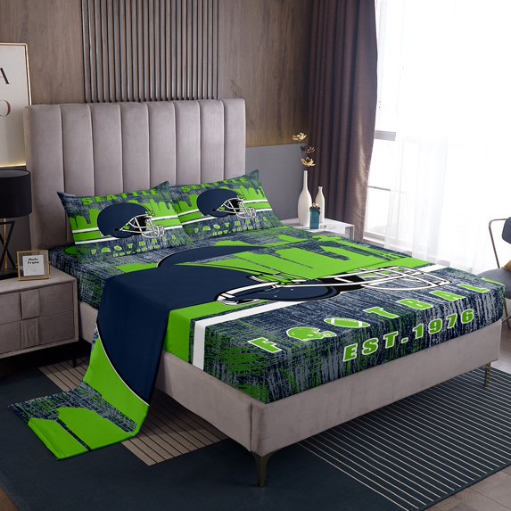 Erosebridal American Football Bed Sheets Set Queen Size, Sports Theme Bedding Sets Queen Size, Navy Green, SEATTLE, 4-Piece (Top Sheet, Fitted Sheet, Pillowcase)