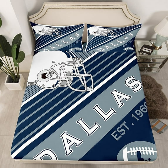 Erosebridal American Football Bed Sheets Set Sports Theme Sheets King Size, Soccer Bedding Set White Navy Blue Striped Sheet Set Bedroom Decor, 1 Top Sheet 1 Fitted Sheet 2 Pillowcases