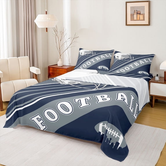 Erosebridal American Football Bed Sheets Set Sports Theme Sheets King Size, Soccer Bedding Set White Navy Blue Striped Sheet Set Bedroom Decor, 1 Top Sheet 1 Fitted Sheet 2 Pillowcases