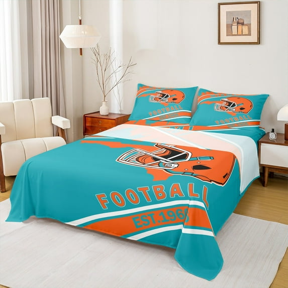 Erosebridal American Football Bed Sheets Set Twin Size, Soccer Sports Bedding Sets Twin Size, Blue Orange, Miami, 3 Pieces (Top Sheet, Fitted Sheet, Pillowcase)