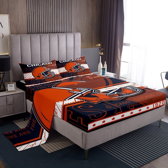 Erosebridal American Football Bed Sheets Twin, Soccer Sports Bedding Twin Size, Navy Orange, Chicago, 3-Piece (Top Sheet, Fitted Sheet, Pillowcase)