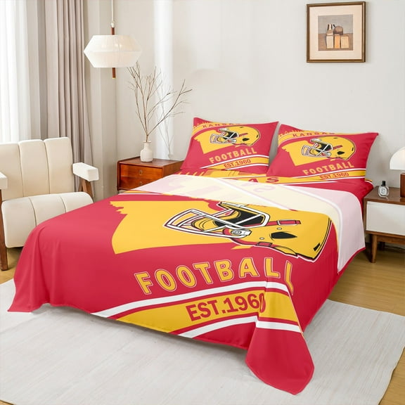 Erosebridal American Football Bed Sheets Twin, Soccer Sports Bedding Twin Size, Red Orange, Kansas, 3 Pieces (Top Sheet, Fitted Sheet, Pillowcase)