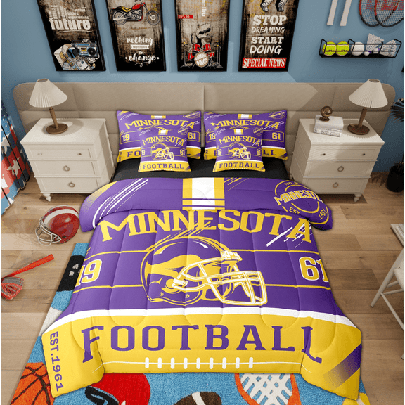 Erosebridal American Football Bed in a Bag Twin size, Soccer Sports Bed Set, Purple Orange, Minnesota, Microfiber 7pcs
