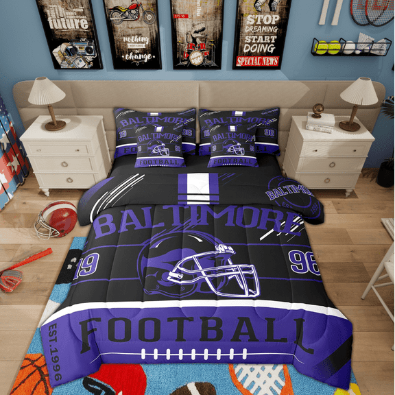 Erosebridal American Football Bed in a Bag Twin size, Soccer Sports Quilted Comforter, Black Navy, Baltimore, Lightweight 7pcs