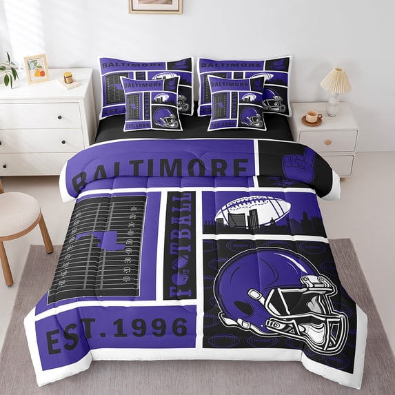 Erosebridal American Football Bedding Full Size,Rugby Helmet City Bed Set,Purple Black Bedding Sets Full Size,Stylish Living Room Decoration Reversible,7pcs
