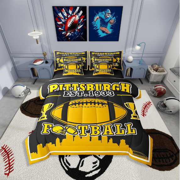Erosebridal American Football Bedding Queen Size,Sport Theme Comforter Sets with Sheets,Ball Game Decor(Pittsburgh),Reversible,Breathable,7pcs