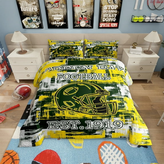 Erosebridal American Football Bedding Set Green Bay Comforter Set Queen Size Gifts for Football Fans Women Men Football City Comforter Rugby Sports Duvet Set Green Yellow Room Decor