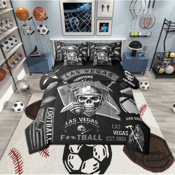 Erosebridal American Football Bedding Sets Queen Size,Gothic Halloween Skeleton Comforter Sets with Sheets,Sports City Las Vegas Bed in a Bag Queen Size,Super Cozy Room Decor Reversible,7-Piece