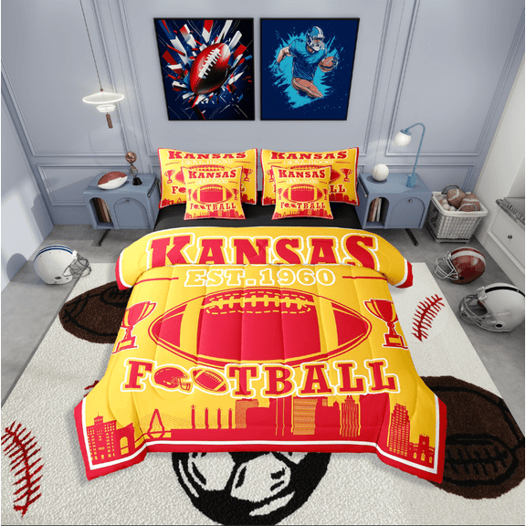Erosebridal American Football Bedding Sets Twin Size,Sport Theme Comforter Sets with Sheets,Ball Game Decor(Kansas),Reversible,Lightweight,7-Piece