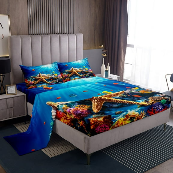 Erosebridal Sealife Starfish Sheet Set Twin,Marine Animal Bedding Sets Twin Size,Sea Room Decorative,Breathable,3pcs