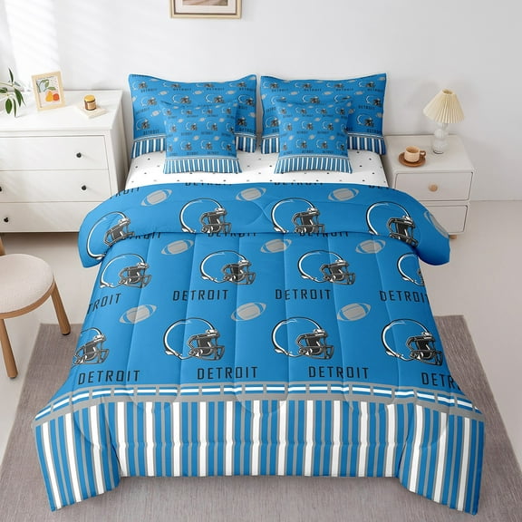Erosebridal American Football City Bed in a Bag Twin Size,Detroit Bed Set,Blue Rugby Helmet Bedding Twin Size For Boys,Lightweight Room Decoration Reversible,7 Pieces