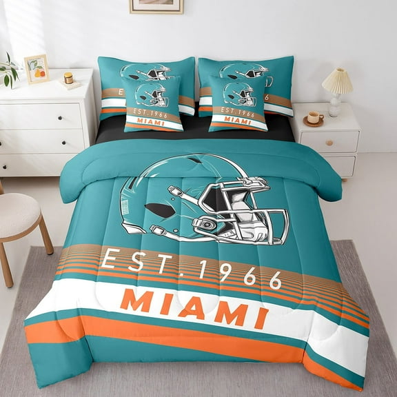 Erosebridal American Football City Bed in a Bag Twin Size,Miami Print Bed Set,Geometric Stripe Bedding Twin Size,Luxurious Bedroom Decoration Reversible,7 Pieces
