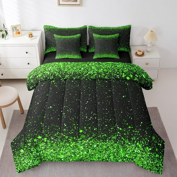 Erosebridal Bling Print Bedding Sets King Size,Black Green Bed in a Bag King size,Microfiber Reversible Bedding King Size,Glitter Decor,7 Pieces