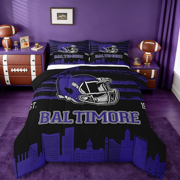 Erosebridal American Football City Bedding Queen Comforter Set,Baltimore Down Comforter,purple Rugby Helmet Bedding Sets Queen with Comforter For Boys,Lightweight Room Decoration Reversible,3 Pieces