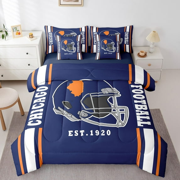 Erosebridal American Football City Bedding Queen Size,Chicago Comforter Sets with Sheets,Blue Rugby Helmet Bedding Sets Queen Size For Boys,Lightweight Room Decoration Reversible,7pcs