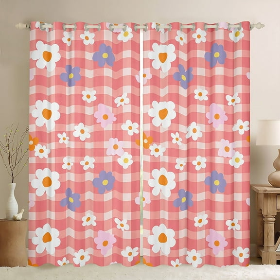 Erosebridal Groovy Flower Curtains Pack of 2 (42x63),Geometric Buffalo 30%-50% Black Out Curtains,Floral Decor
