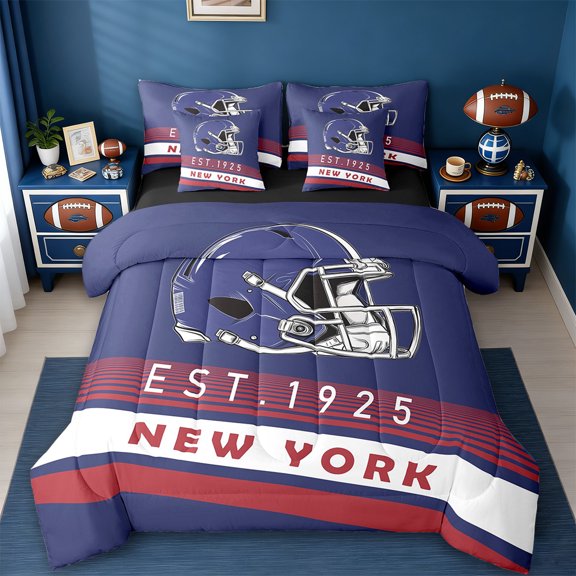 Erosebridal American Football City Bedding Sets Twin Size,New York Print Comforter Sets with Sheets,Geometric Stripe Bed in a Bag Twin Size,Luxurious Bedroom Decoration Reversible,7-Piece