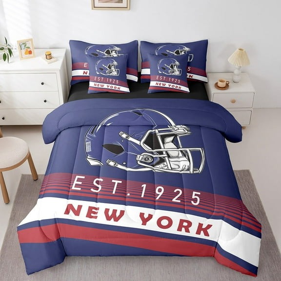 Erosebridal American Football City Bedding Sets Twin Size,New York Print Comforter Sets with Sheets,Geometric Stripe Bed in a Bag Twin Size,Luxurious Bedroom Decoration Reversible,7-Piece