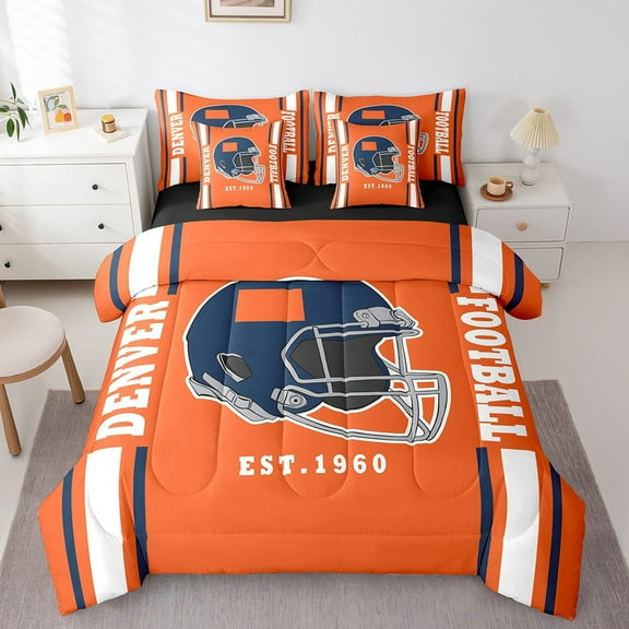 Erosebridal American Football City Bedding Twin Size,Denver Comforter Sets with Sheets,Blue Rugby Helmet Bedding Sets Twin Size For Boys,Lightweight Room Decoration Reversible,7pcs