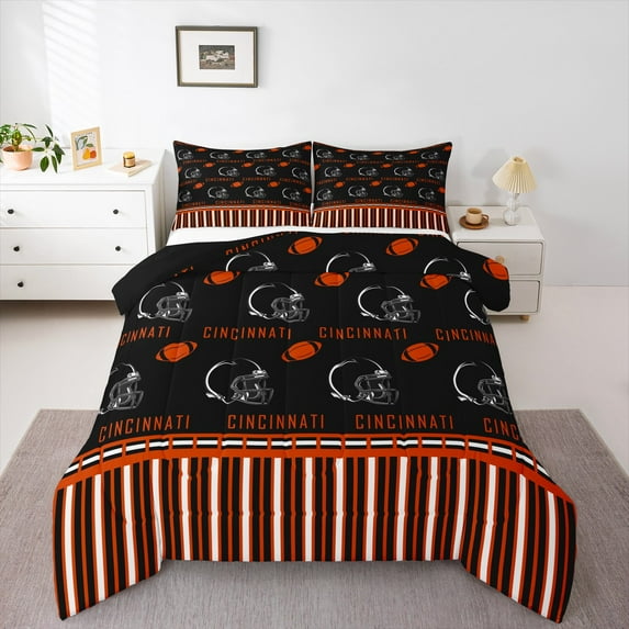 Erosebridal American Football City Comforter Sets Queen Size,Cincinnati Comforters & Duvets,Black Rugby Helmet Bedding Queen Comforter Set For Boys,Lightweight Room Decoration Reversible,3-Piece