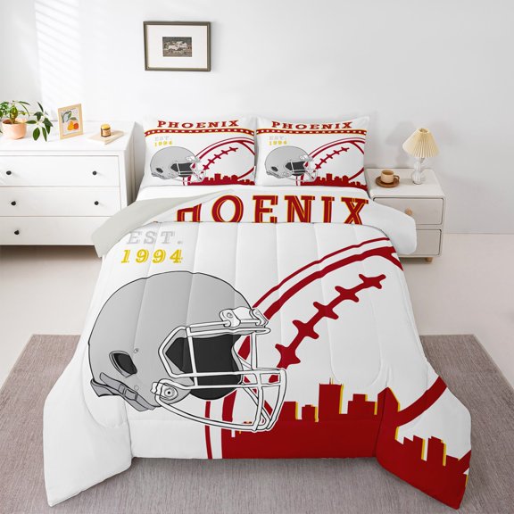 Erosebridal American Football City Comforter Sets Queen Size,Phoenix Comforters & Duvets,Gray Rugby Helmet Bedding Queen Comforter Set For Boys,Lightweight Room Decoration Reversible,3-Piece