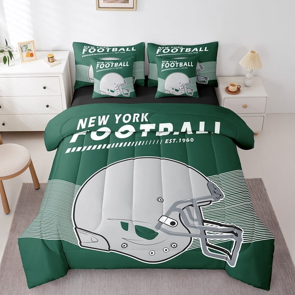 Erosebridal American Football Comforter Set Bed in a Bag Sports Game Bedroom Comforter with Sheets Twin 7-Piece,New York(1 Comforter, 1 Flat Sheet 1 Fitted Sheet 2 Pillowcases 2 Throw Pillow Covers)