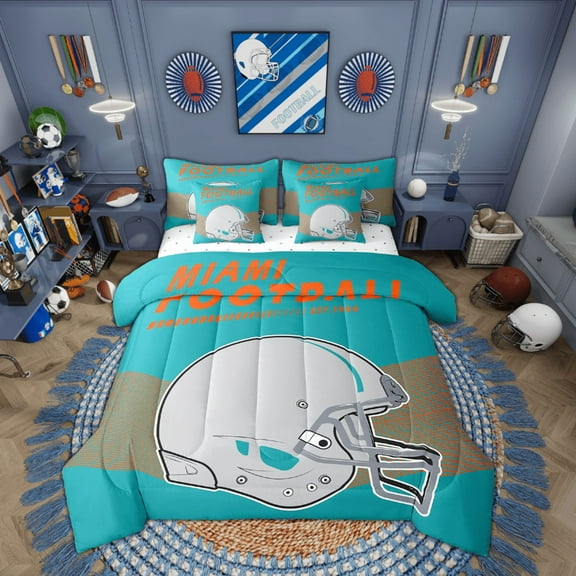 Erosebridal American Football Comforter Set with Sheets Sports Rugby Game Comforters Bed-in-a-Bag Twin 7-Piece, Miami(1 Comforter, 1 Flat Sheet 1 Fitted Sheet 2 Pillowcases 2 Throw Pillow Covers)