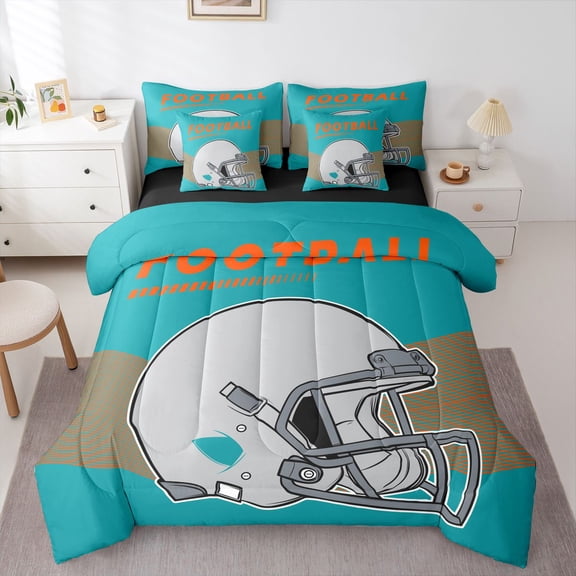 Erosebridal American Football Comforter Set with Sheets Sports Rugby Game Comforters Bed-in-a-Bag Twin 7-Piece, Miami(1 Comforter, 1 Flat Sheet 1 Fitted Sheet 2 Pillowcases 2 Throw Pillow Covers)