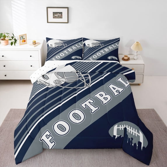 Erosebridal American Football Comforter Set Sports Theme Bedding Full Size, Soccer Duvet Insert White Navy Blue Striped Bedding Comforter Sets Bedroom Decor, 1 Comforter and 2 Pillowcases