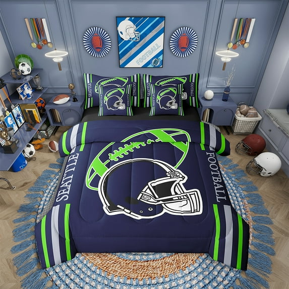 Erosebridal American Football Comforter Set Twin 7 Pcs Rugby Games Sport Arena Dark Navy Blue Green Bedding Set Sports Theme Bed in a Bag with Comforter,Sheets