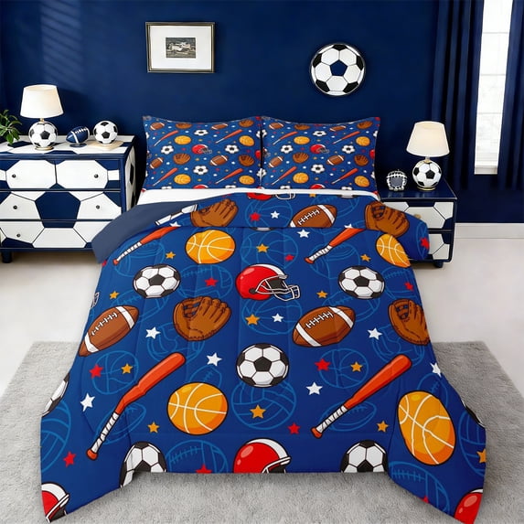 Erosebridal American Football Games Full Size Comforter Sets,Boy Basketball Sport Colorful Stars Kids Bedding Sets,Reversible Navy 3 Pieces