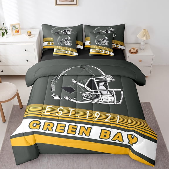 Erosebridal American Football Helmet Bedding King Size,Green Bay City Comforter Sets with Sheets,Sports Theme Bedding Sets King Size,Luxury Living Room Decor Reversible,7pcs