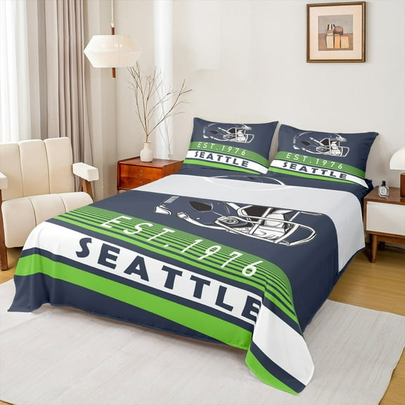 Erosebridal American Football Helmet Twin Sheet Sets,Seattle City Bedding Twin Size,Sports Theme Bed Sheets Set Twin Size,Luxury Living Room Decor,3 Pieces