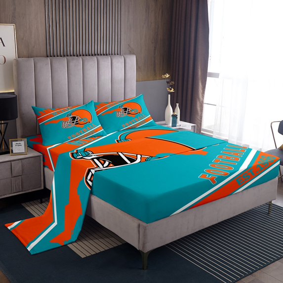 Erosebridal American Football Queen Sheet Sets, Soccer Sports Bedding Queen Size, Blue Orange, Miami, 4 Pieces (Top Sheet, Fitted Sheet, Pillowcase)