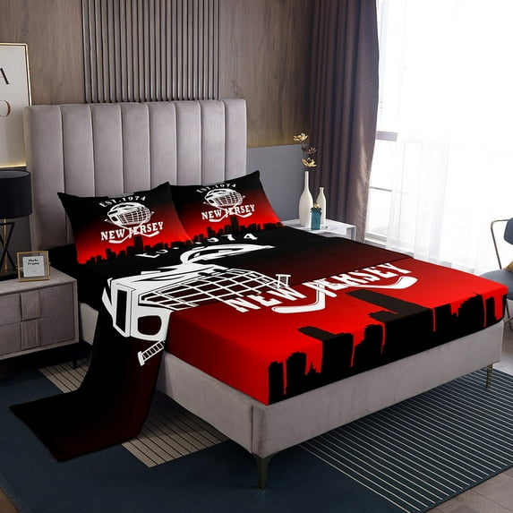 Erosebridal American New Jersey King Sheet Sets, Football Player Bedding King Size, Black Red Reversible Bed Sheets King, Microfiber Bedroom Decor, 4-Piece