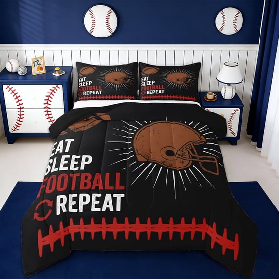 Erosebridal American Rugby Helmet Kids Full Size Comforter Sets,Football Ball Games Bedding Sets For Sport Gamer Lover,Reversible black,3 Pieces